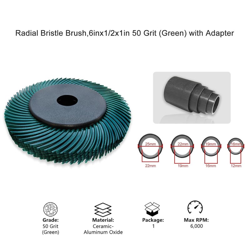 HIEMTE Radial Bristle Brush, 6 in x 1/2 in x 1 in, 220#, 1SET，Ten Single Piece with Adapter - Image 5